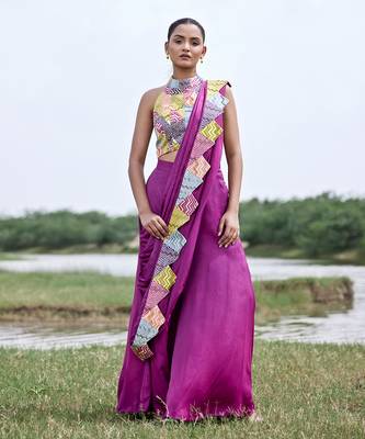 Magenta satin palazzo saree with blouse 1