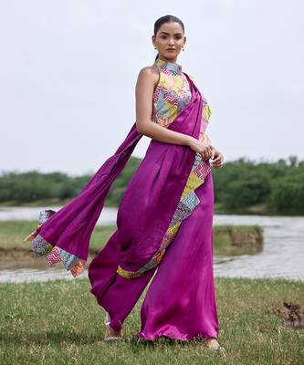 Magenta satin palazzo saree with blouse 2