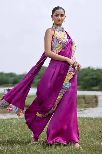 Magenta satin palazzo saree with blouse