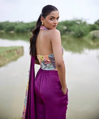 Magenta satin palazzo saree with blouse 3