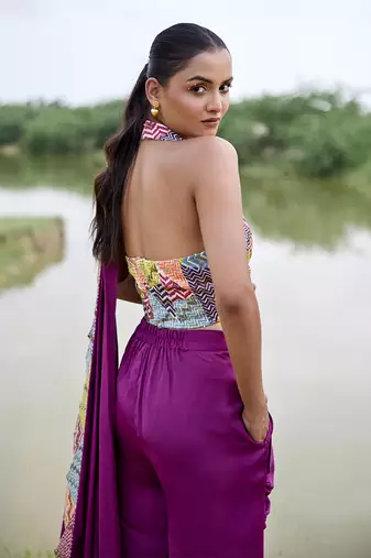 Magenta satin palazzo saree with blouse