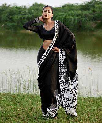 Black satin saree with blouse 1