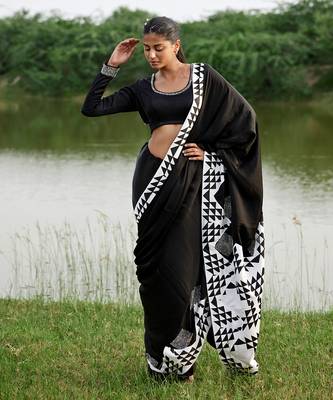 Black satin saree with blouse 2