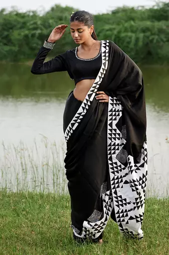 Black satin saree with blouse