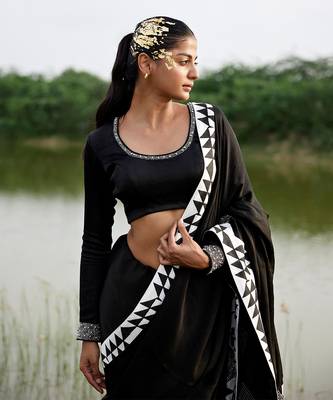 Black satin saree with blouse 3