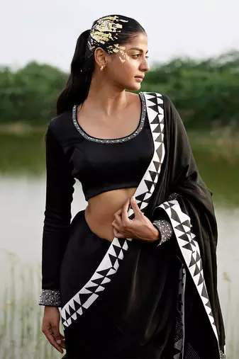 Black satin saree with blouse