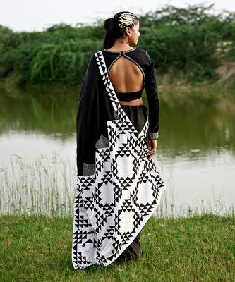 Black satin saree with blouse 4