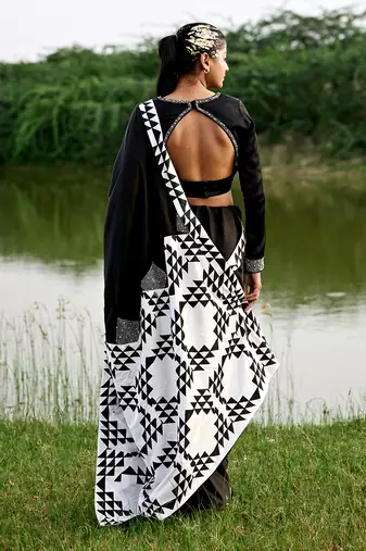 Black satin saree with blouse