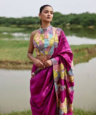 Magenta kora silk saree with blouse 1