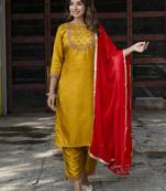 Vredevogel women's cotton silk blend kurta with trousers pant & nazneen dupatta set