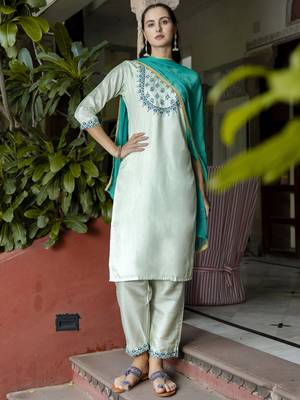 Vredevogel women's cotton silk blend kurta with trousers pant & nazneen dupatta set 1