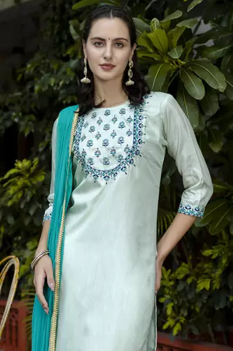Vredevogel women's cotton silk blend kurta with trousers pant & nazneen dupatta set