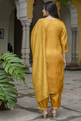 Vredevogel women's silk blend kurta with trousers pant & embroidered chanderi dupatta set