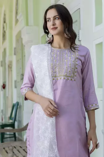 Vredevogel women's silk blend kurta with trousers pant & embroidery work dupatta set