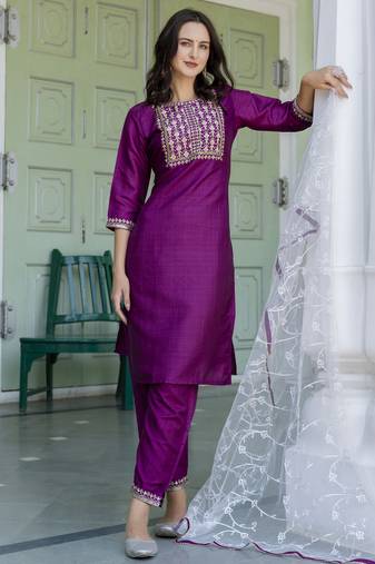  women's silk blend kurta with trousers pant & embroidery work dupatta set