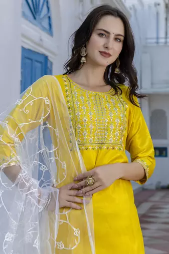 Vredevogel women's silk blend kurta with trousers pant & embroidery work dupatta set
