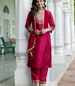 Vredevogel women's silk blend straight kurta with trousers pant & nazneen dupatta set