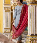 Vredevogel women's silk blend kurta & trousers pant with viscose print dupatta