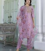 Vredevogel women's silk blend embroidered kurta with trousers pant and organza dupatta set