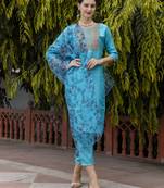 Vredevogel women's silk blend embroidered kurta with trousers pant and organza dupatta set