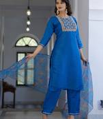 Vredevogel women's silk blend embroidered kurta with trousers pant and organza dupatta set