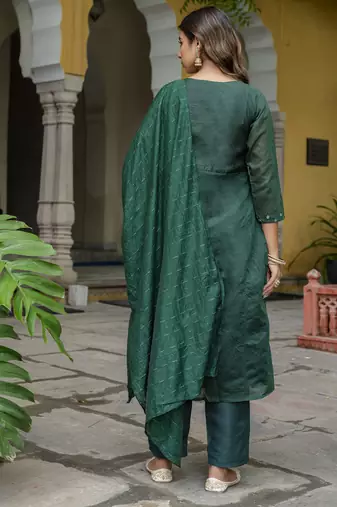 Vredevogel women's chanderi modal butti kurta with trouser pant & embroidered chanderi dupatta