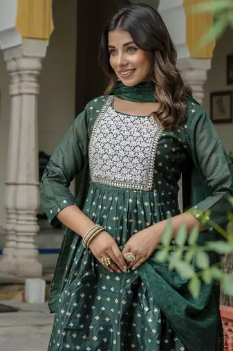 Vredevogel women's chanderi modal butti kurta with trouser pant & embroidered chanderi dupatta
