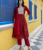 Vredevogel women's chanderi modal butti kurta with trouser pant & embroidered chanderi dupatta