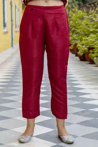 Vredevogel women's chanderi modal butti kurta with trouser pant & embroidered chanderi dupatta