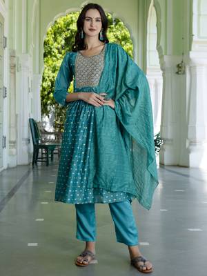 Vredevogel women's chanderi modal butti kurta with trouser pant & embroidered chanderi dupatta 1