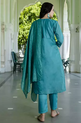 Vredevogel women's chanderi modal butti kurta with trouser pant & embroidered chanderi dupatta