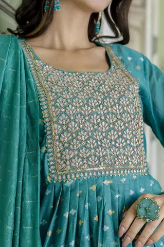 Vredevogel women's chanderi modal butti kurta with trouser pant & embroidered chanderi dupatta