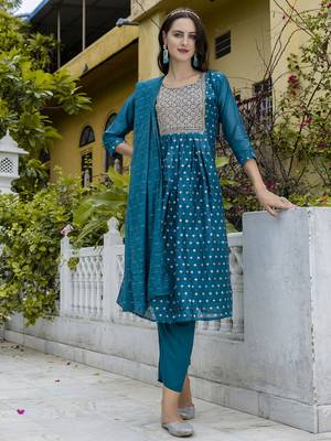 Vredevogel women's chanderi modal butti kurta with trouser pant & embroidered chanderi dupatta 1