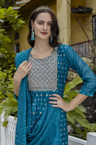 Vredevogel women's chanderi modal butti kurta with trouser pant & embroidered chanderi dupatta