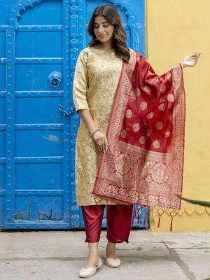 Vredevogel women's cotton silk jacquard kurta pant set with banarasi woven self designed dupatta 1