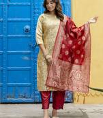 Vredevogel women's cotton silk jacquard kurta pant set with banarasi woven self designed dupatta