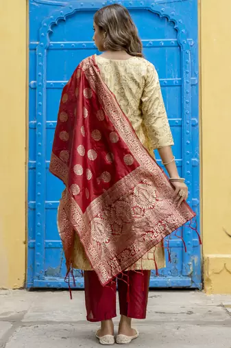 Vredevogel women's cotton silk jacquard kurta pant set with banarasi woven self designed dupatta