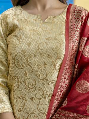 Vredevogel women's cotton silk jacquard kurta pant set with banarasi woven self designed dupatta 3