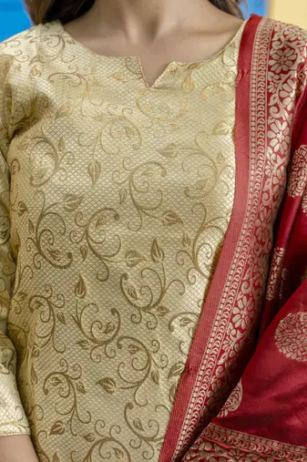 Vredevogel women's cotton silk jacquard kurta pant set with banarasi woven self designed dupatta