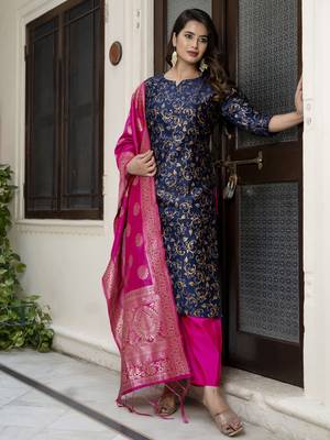 Vredevogel women's cotton silk jacquard kurta pant set with banarasi woven self designed dupatta 1