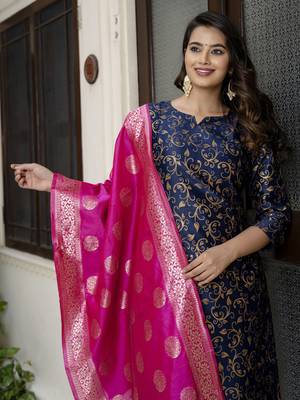 Vredevogel women's cotton silk jacquard kurta pant set with banarasi woven self designed dupatta 3