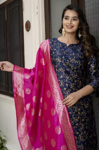 Vredevogel women's cotton silk jacquard kurta pant set with banarasi woven self designed dupatta