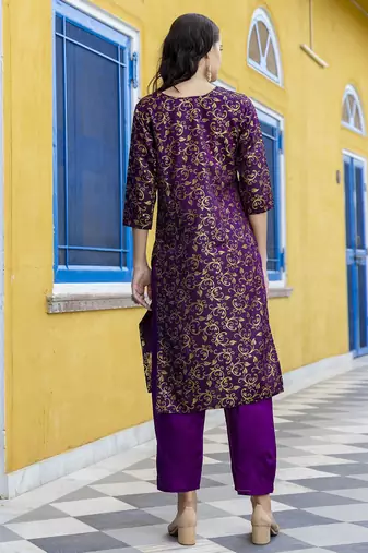 Vredevogel women's cotton silk jacquard kurta pant set with banarasi woven self designed dupatta
