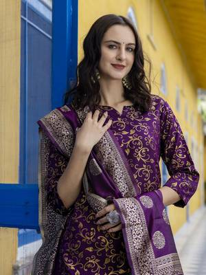 Vredevogel women's cotton silk jacquard kurta pant set with banarasi woven self designed dupatta 3