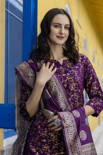 Vredevogel women's cotton silk jacquard kurta pant set with banarasi woven self designed dupatta