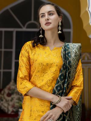 Vredevogel women's cotton silk jacquard kurta pant set with banarasi woven self designed dupatta 3