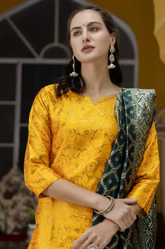 Vredevogel women's cotton silk jacquard kurta pant set with banarasi woven self designed dupatta
