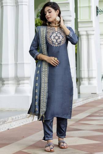  women's cotton silk blend embroidered kurta pant with viscose print dupatta set
