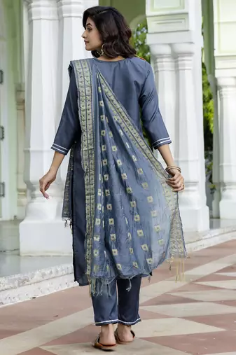 Vredevogel women's cotton silk blend embroidered kurta pant with viscose print dupatta set