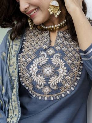 Vredevogel women's cotton silk blend embroidered kurta pant with viscose print dupatta set 3